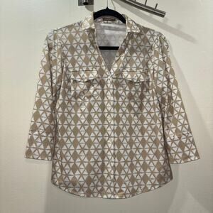 J McLaughlin Brynn Button Down 3/4 Sleeve Top- Tan and White Size XS